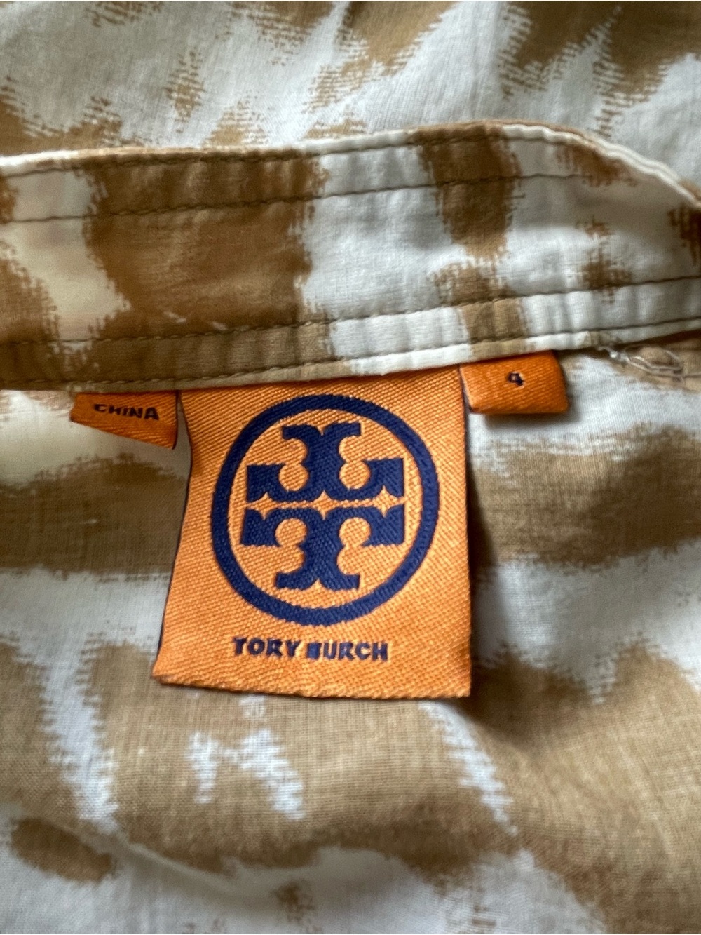 Tory Burch 100% Cotton Blouse Tan & White Size 4 Sequins with Orange Logo Tag - Picture 3 of 9